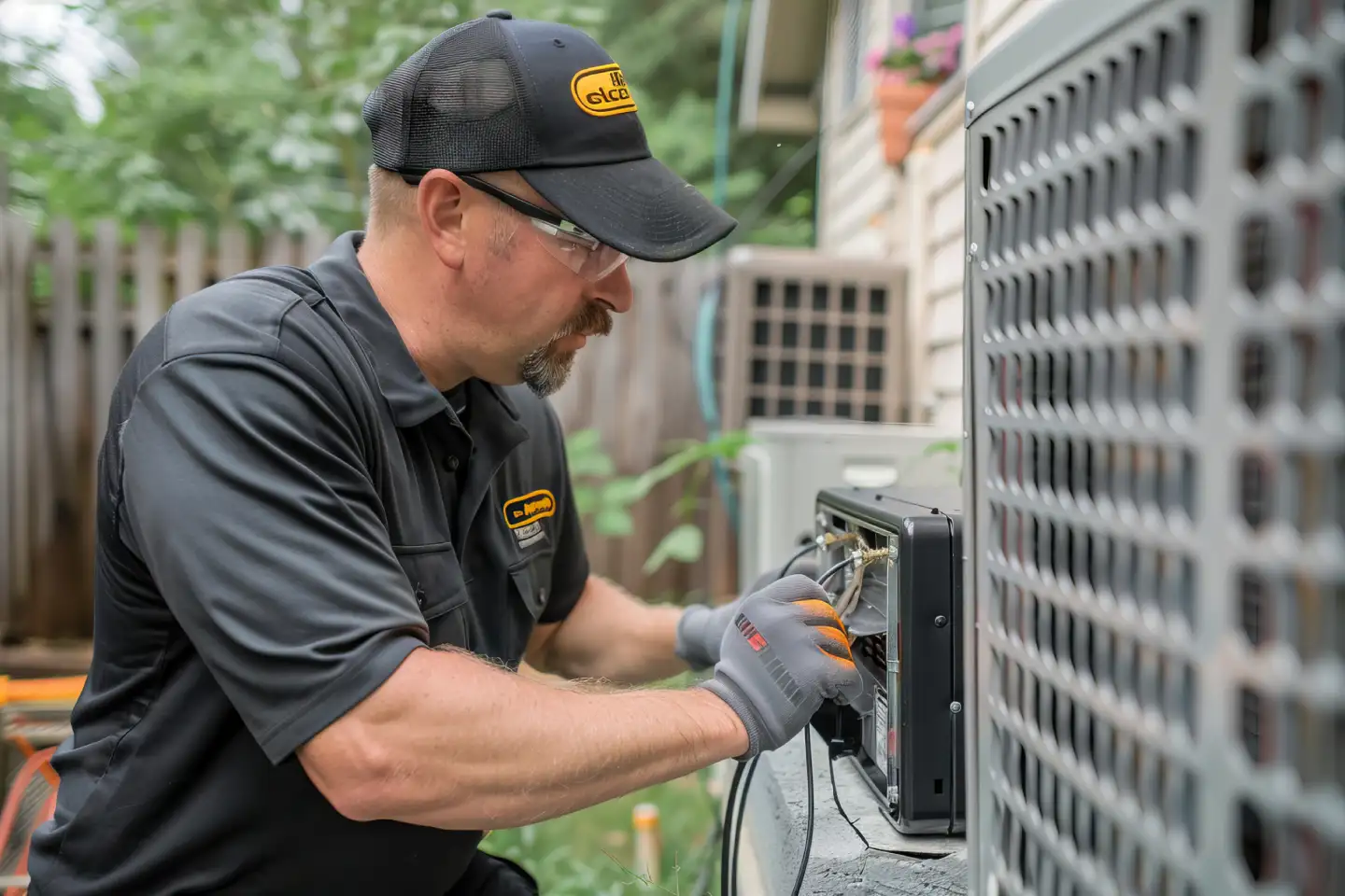 HVAC technician servicing an outdoor unit